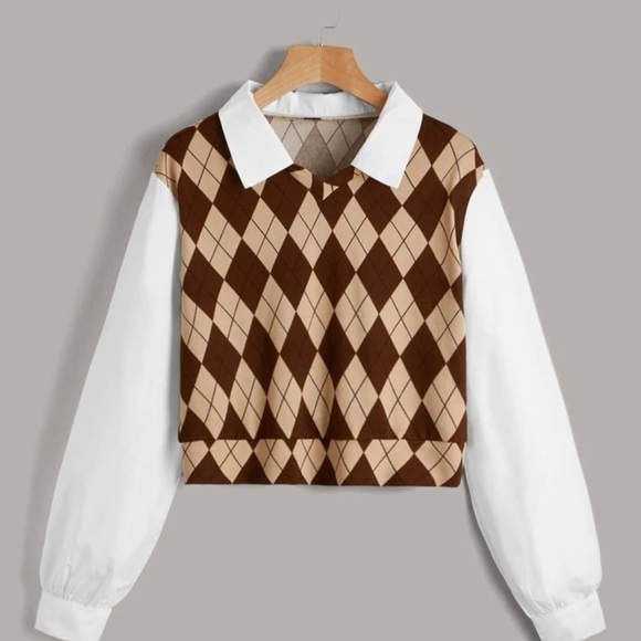 Tops - Argyle Print Contrast Collar top